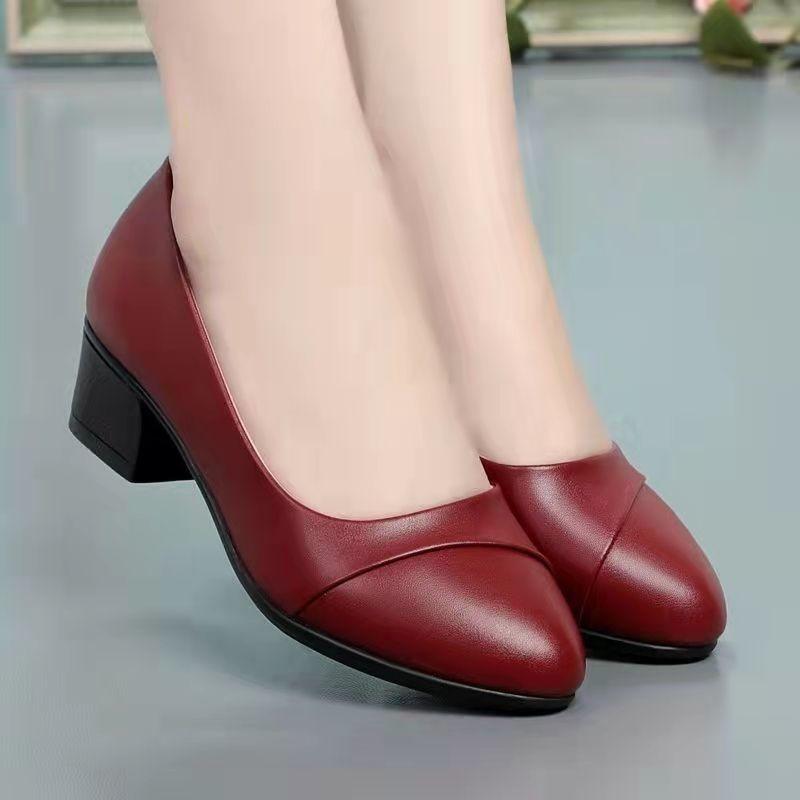 Soft Leather Single Shoes Women's Low-heeled Spring and Summer Soft-soled Comfortable Non-slip Fashion Leather Shoes Women's Shoes Mid-heel Work Shoes