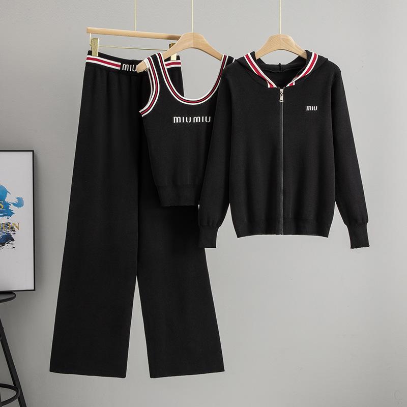 

Women s Autumn Casual Knit Set: Hooded Cardigan, Sweater Vest & Wide-Leg Pants 3-Piece Ensemble One Size чорний