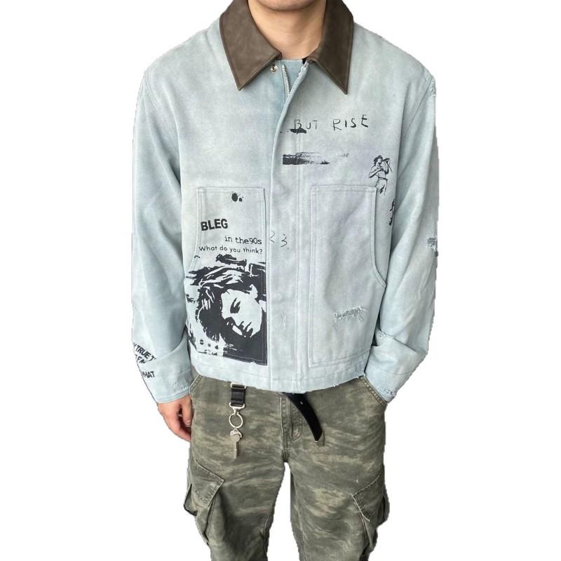 Mens Vintage Washed Workwear Jacket Loose Fit Turn-Down Collar Short Cut Casual Print Outerwear Fall