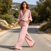 Casual Two-piece Outfit Women's 2 Piece Cotton Linen Set, Long Sleeve V Neck Blouse Spring Autumn Women Wear And Wide Leg Pants Matching Summer