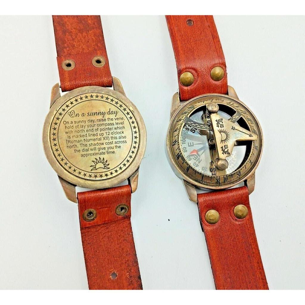 Sundial Compass Wrist Band for Navigational Tool - Real Leather Band Watch - Hiking and Survival Instrument - Antique Compas