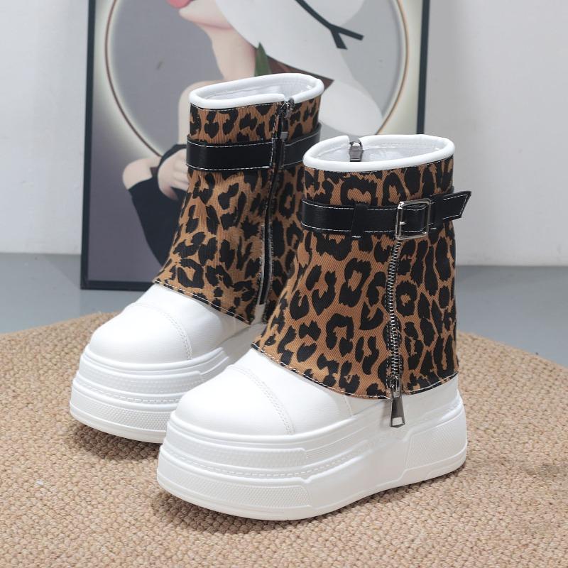 Fashion Shoes for Women New Mid-Calf Boots 10CM High Platform Modern Boots Belt Buckle Punk Shoes Female Zip Leather Motorcycle Boots