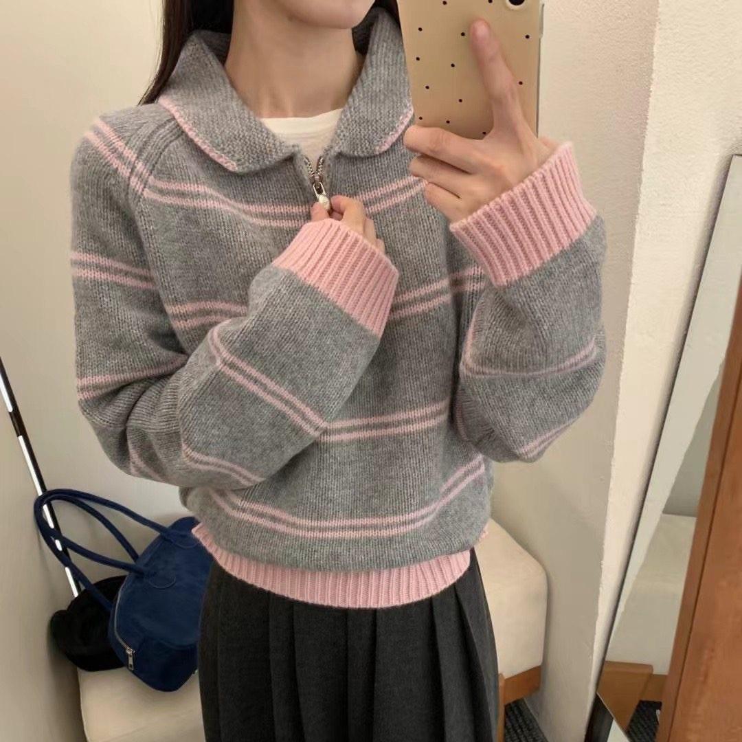 

Korean-Style Striped Polo Collar Loose Thick Top for Autumn/Winter Women One Size [80-120] рожевий