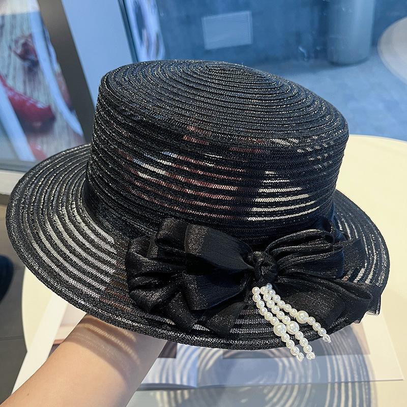 New bow pearl decoration women's summer face covering sunscreen straw hat British retro sunshade fashionable and elegant mesh gauze hat