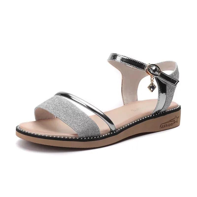 Sandals Women's Summer  New Flat-bottomed Versatile Student Korean Version Simple Thick-soled Wedge Heel One-word Buckle Roman Women's Sandals