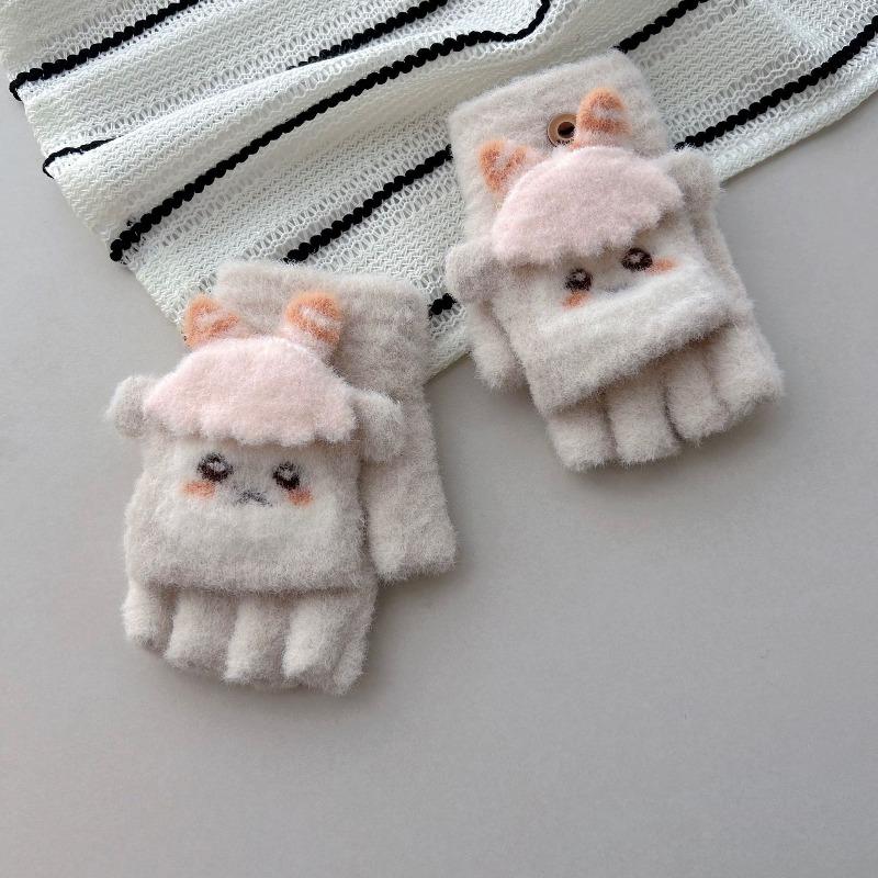 - Einjährige Kinder Strickhandschuhe mit Klappe, Damen Herbst und Winter Halbfinger mit freien Fingern, niedliche lockige Plüsch warme Schülerhandschuhe