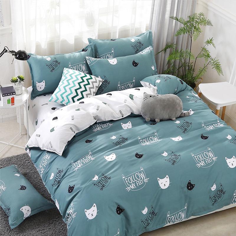 Solstice Home Textile Cyan Cute Cat Kitty Duvet Cover Pillow Case Bed Sheet Boy Kid Teen Girl Bedding Covers Set King Queen Twin