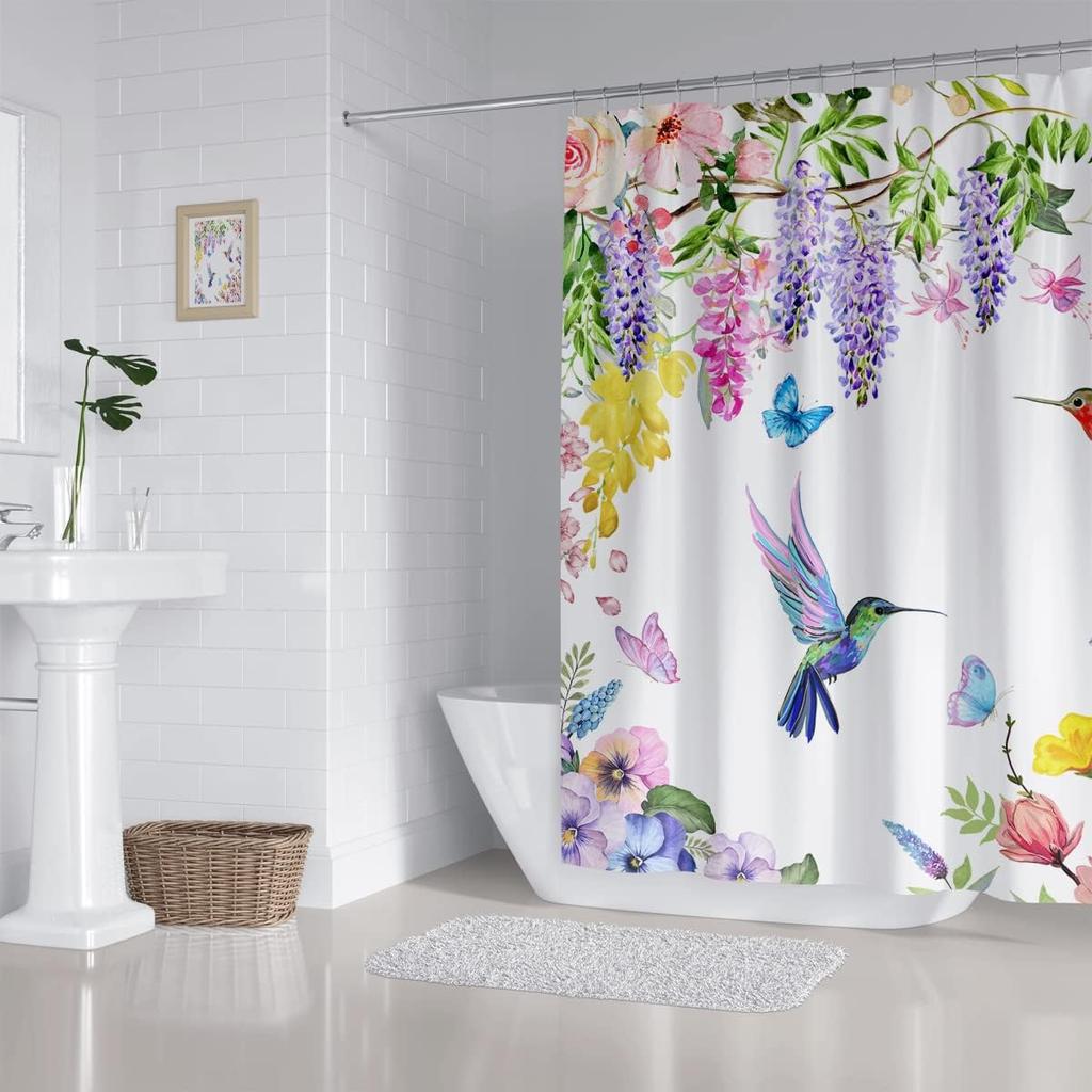 Watercolor Flower Hummingbird Shower Curtain Spring Bird Butterfly Floral Plant Nature Modern Home Bathroom Bathtub Decor