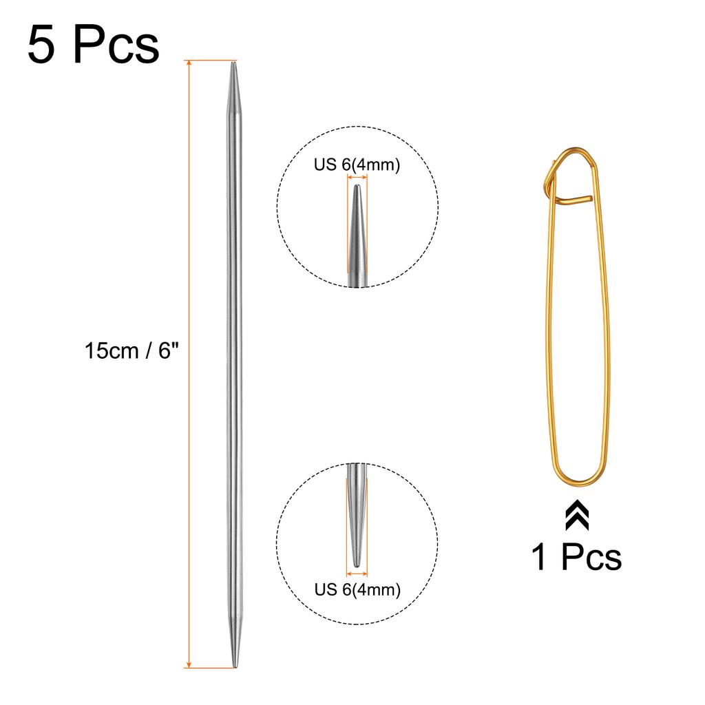 5Pcs Knitting Needle 1.2mm-5mm Dia 6" (15cm) Length Stainless Steel Double Pointed Sweater Stitching Needles w Stitch Holder
