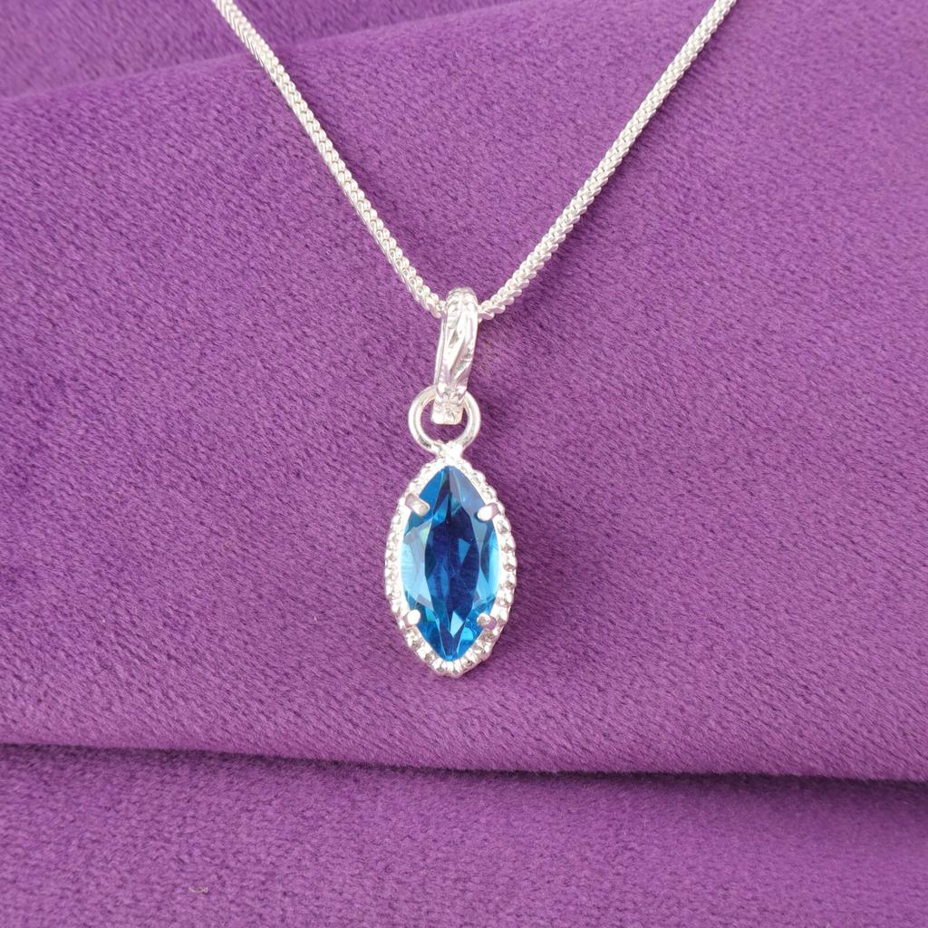 Marquise Natural Swiss Blue Topaz Sisters Gift Ethnic Pendant Jewelry 925 Silver PP-59-1