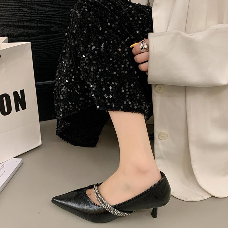 Fashion Crystal Heeled Women Shoes Pointed Toe Shallow Mid Heels Official Shoes 2025 Luxury Pumps Designer Summer Zapatillas De Mujer