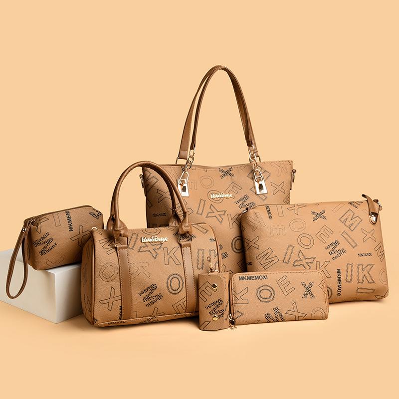 Women's bag, shoulder messenger bag, contrasting color splicing handbag, large-capacity child and mother bag, six-piece set