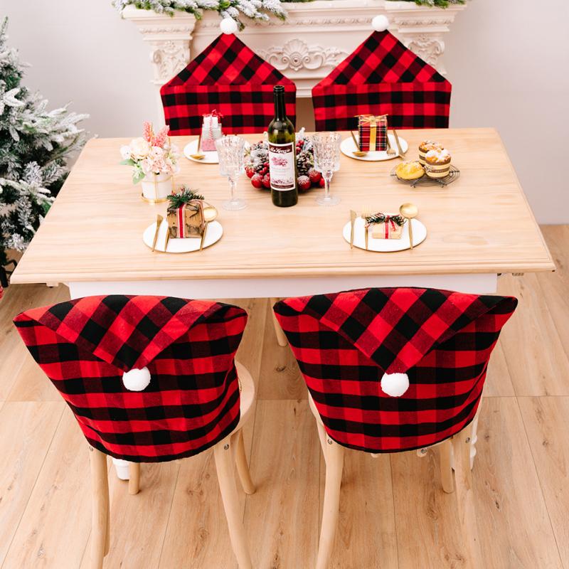 4 pezzi di coprisedie natalizie in plaid rosso nero con coprisedili per sedie in peluche bianco per Natale