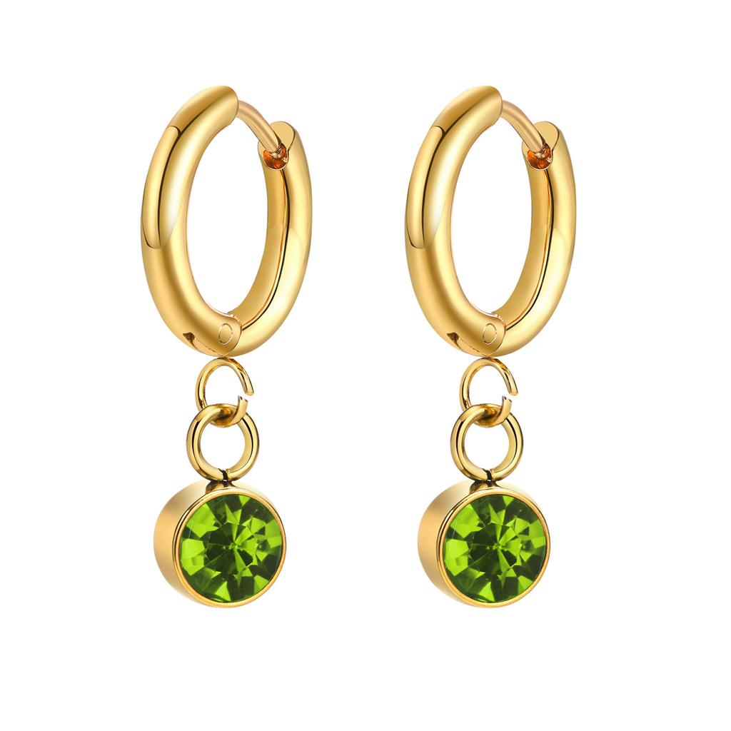 12 Colors Birthstone Huggie Earrings for Women, PVD Gold Color Tone Stainless Steel Brilliant AAA Cubic Zirconia Dangle Ear Clip