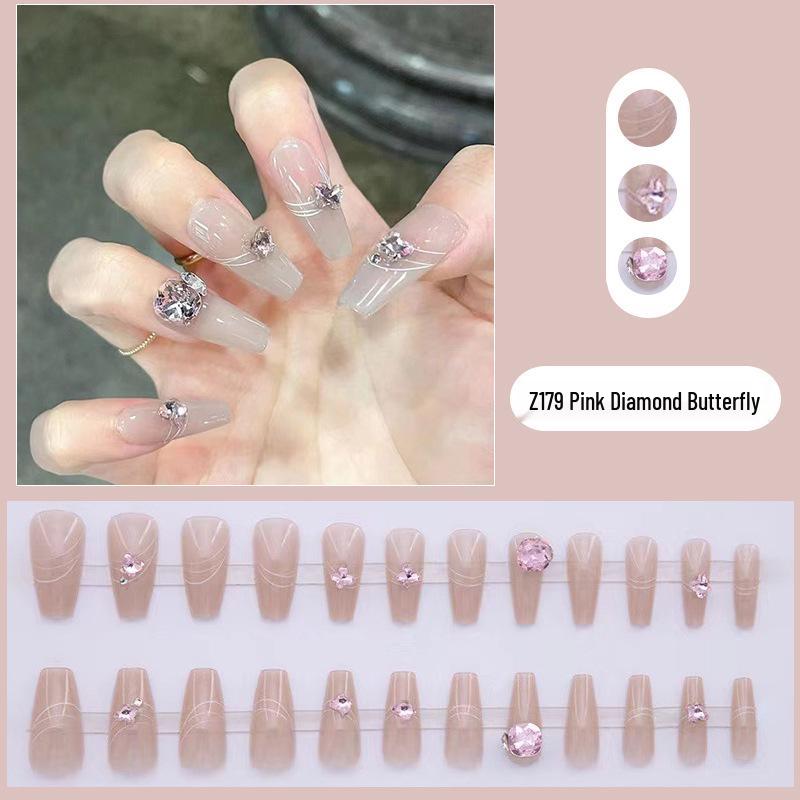 

Привлекательные накладные ногти: Телесно-серый и розовый, Дизайн с бабочками, Ручная работа со стразами, Съемный, Высококлассное покрытие для маникюра