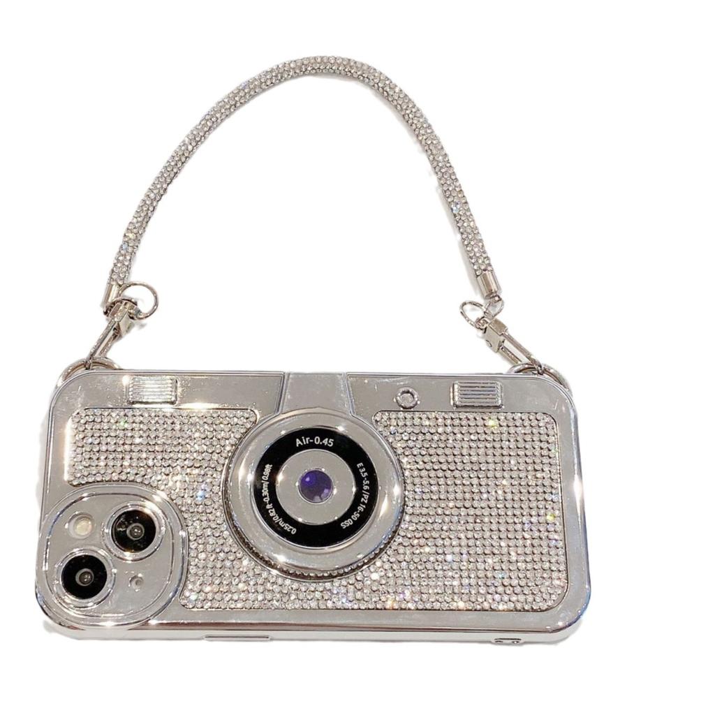 Ins Flash Diamond Camera Electroplated Silver Mobile Phone Case for iPhone16ProMax Bracelet Strip Apple 14 Protective Case