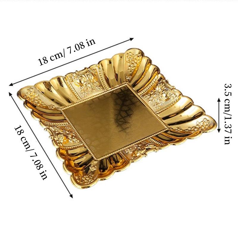 European Fruit Plate, Metal Square Relief Pattern Platter, Golden Retro Large Small Snack Disc, Home Living Room Decoration,1pcs