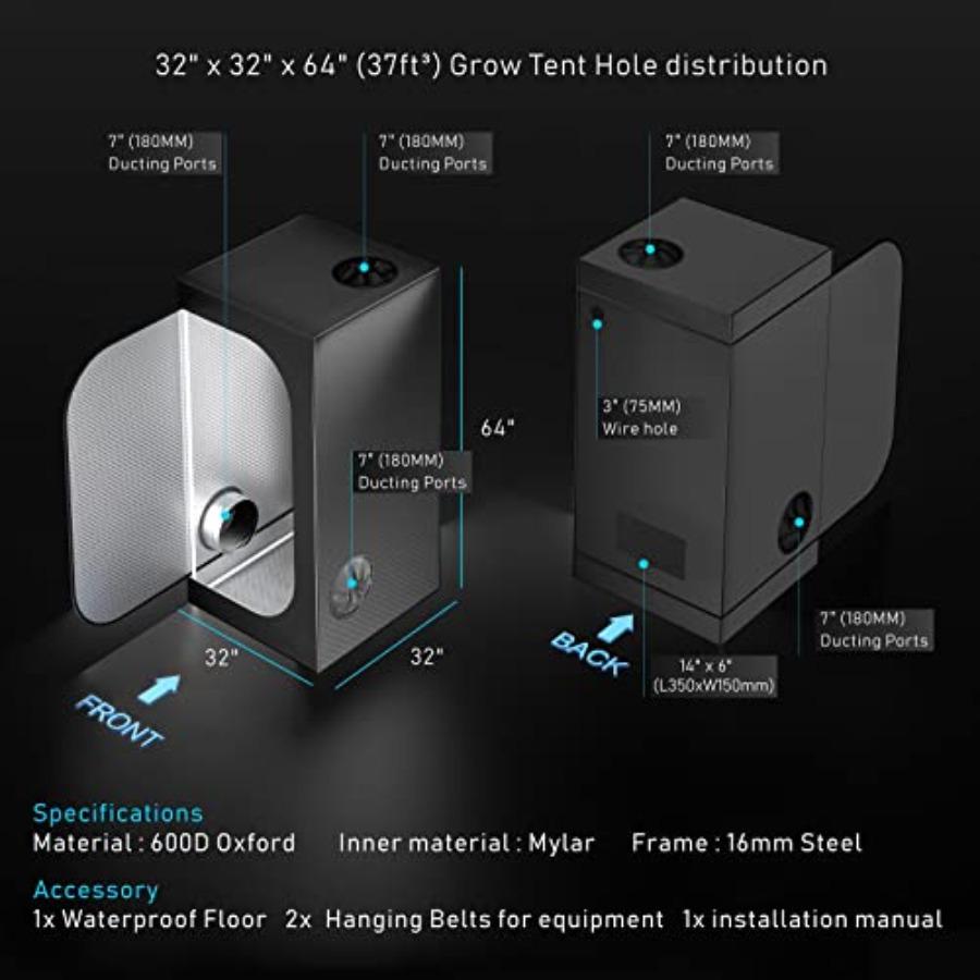 Indoor Hydroponics Grow Tent 32X32X63 with 300W Full-Spectrum LED Light Black Fabric Includes Ventilation Kit Hygrometer Shears