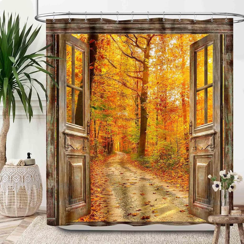 Christmas Shower Curtain,Winter Fireplace Xmas Trees Gifts Printed New Year Waterproof Fabric Bathroom Shower Curtain Set with