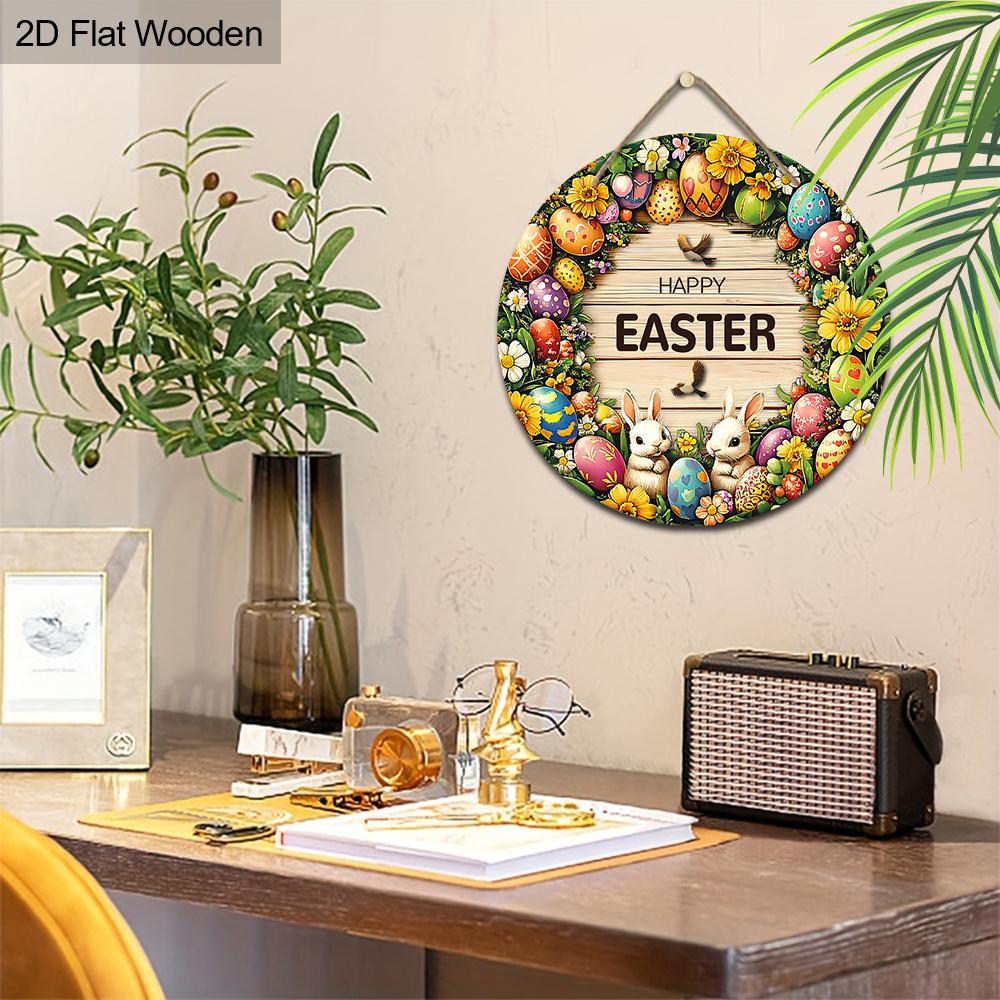 2D Flat 1pc Happy Easter “Egg Wreath” Sign Wooden Round Plaque, Spring Garden Courtyard Balcony Decor, Indoor/Outdoor Statue Wall Hanging Home Decor