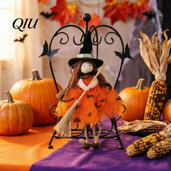 Scary Witch Doll Halloween with Broom, Small Hanging Figurine Cool Accessory Gauze Skirt for Haunted House, Door Window Decor Home Decoration