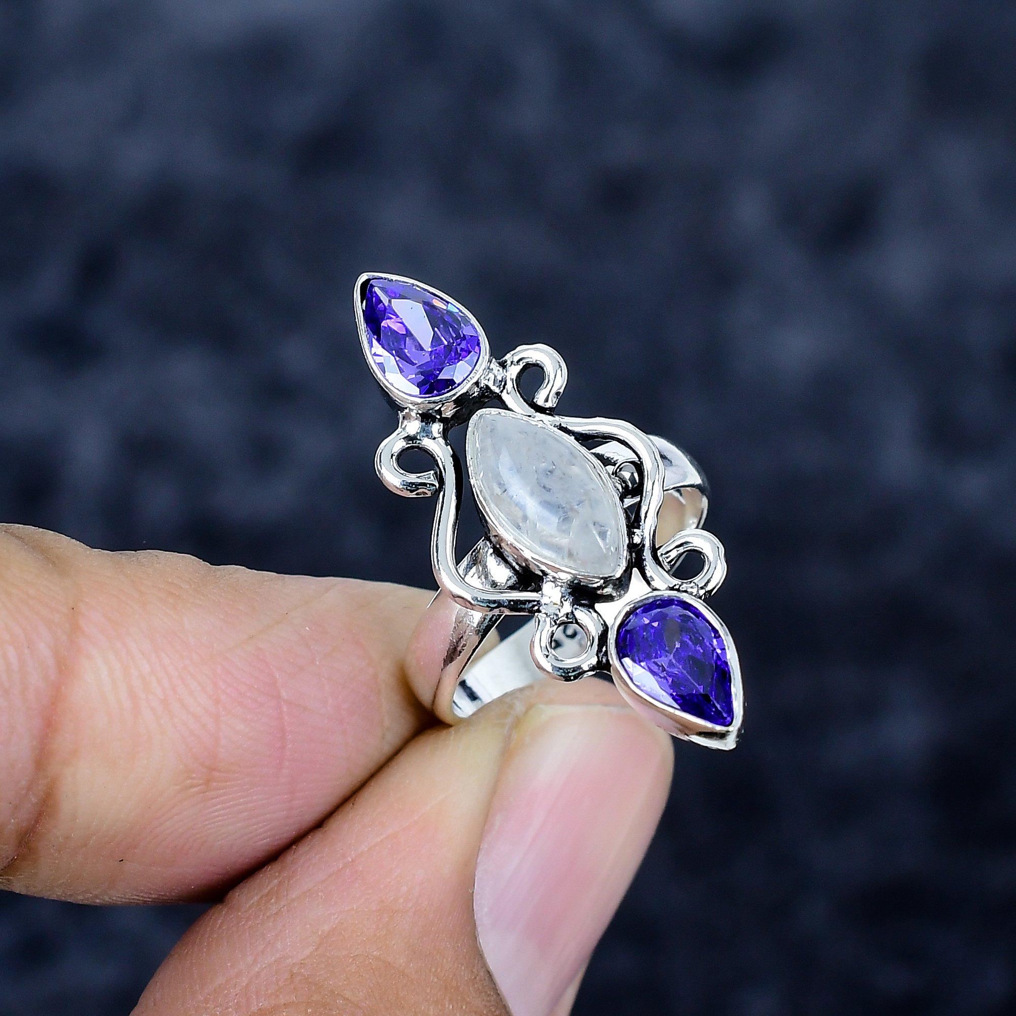 

Rainbow Moonstone, Amethyst 925 Sterling Silver Jewelry Ring Size 4.5 MM-3443