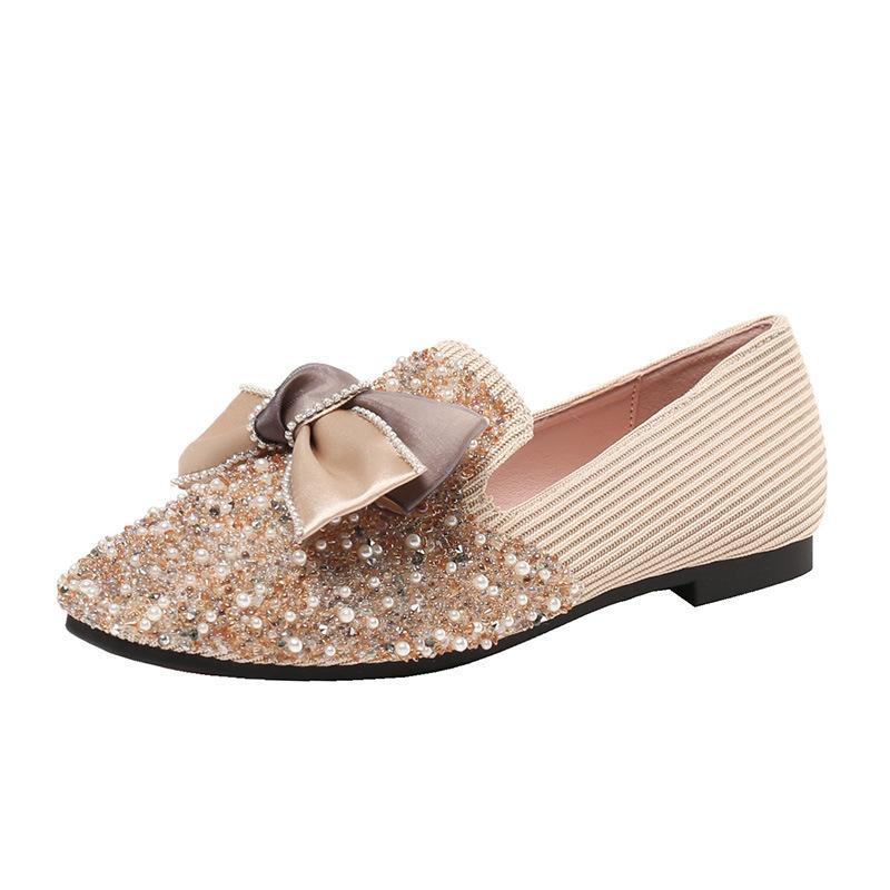 Pantofi de damă cu talpă plată, pantofi noi de damă, pantofi simpli cu fundă, pantofi delicați cu strasuri și perle pentru