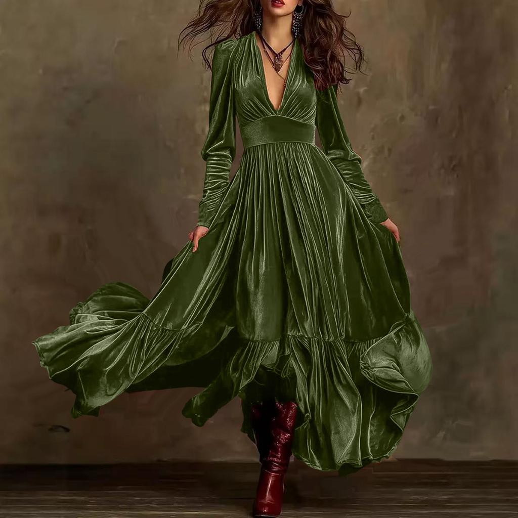 Damen Plissiertes V-Ausschnitt Fließendes Langarm A-Linien Samtkleid mit Gürtel, Französisches Retro Rüschen Swingkleid