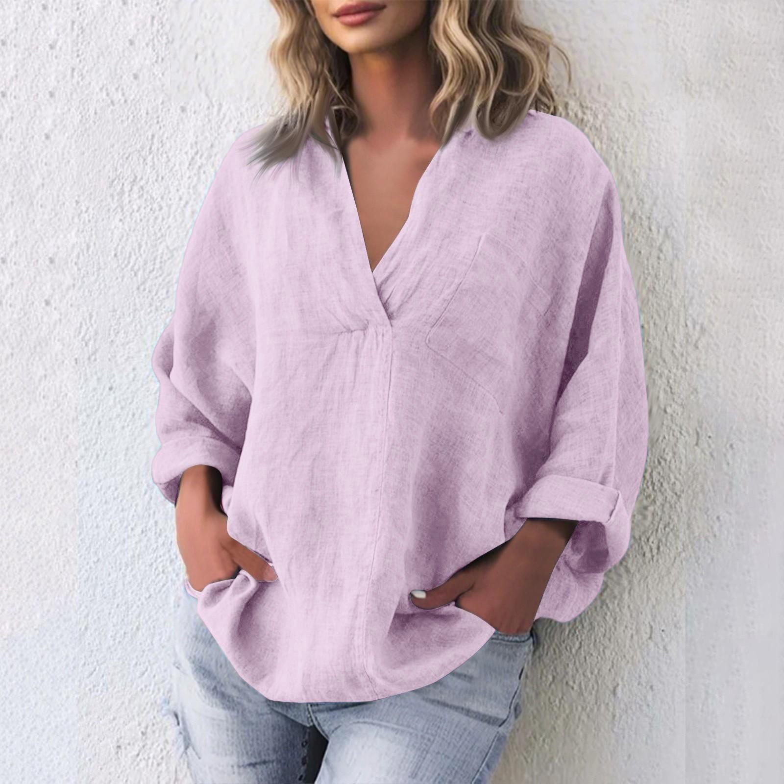 

Женская мода повседневный хлопковый льняной пуловер с V-образным вырезом и длинными рукавами XXXL розовый