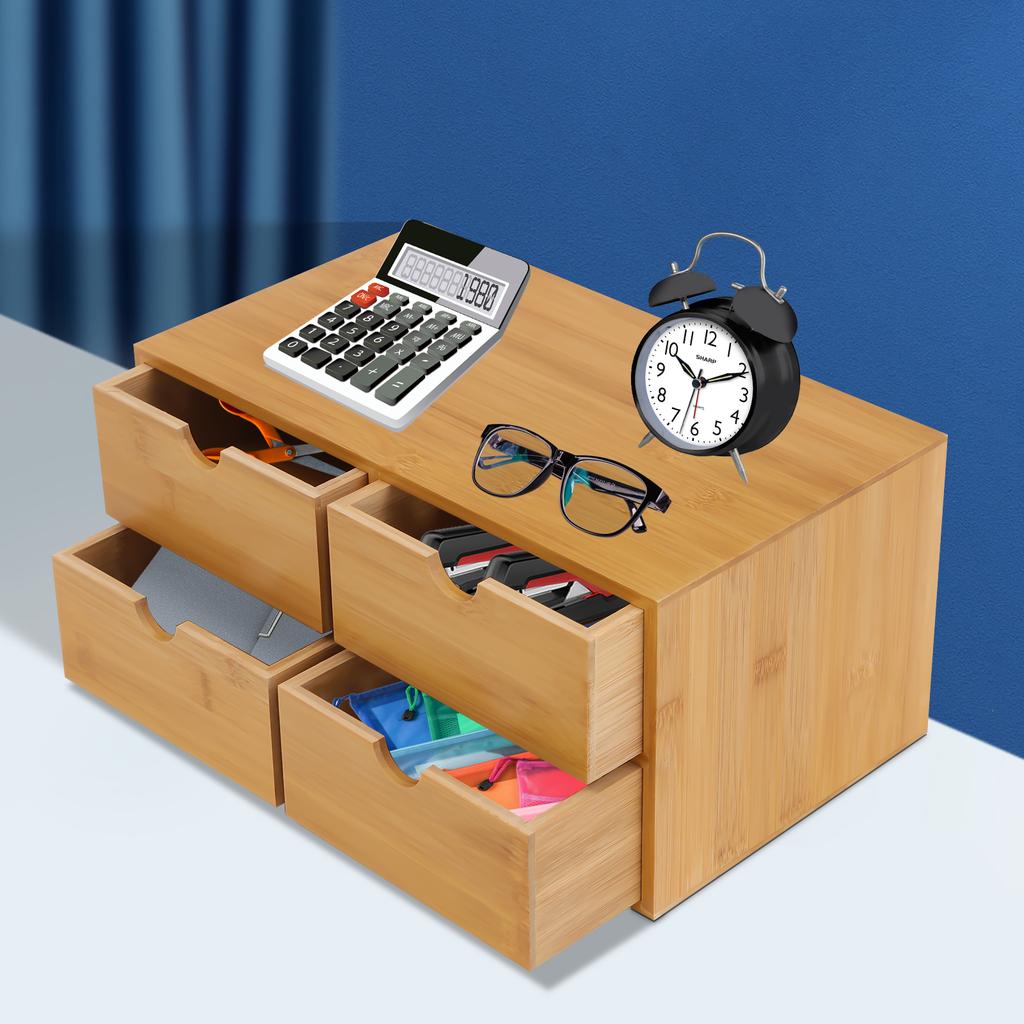4 Drawers Mini Bamboo Desk Drawer Tabletop Storage Organization Box for Office Home Toiletries Supplies