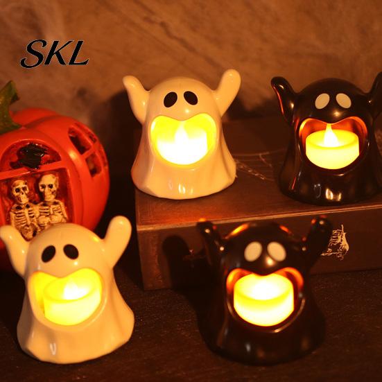 Halloween Window Decor Ghost Candle Holder with LED Candle, Cute Tea Light Battery Operated Holder, Spooky Tabletop Decoration for Indoor Home Decor,