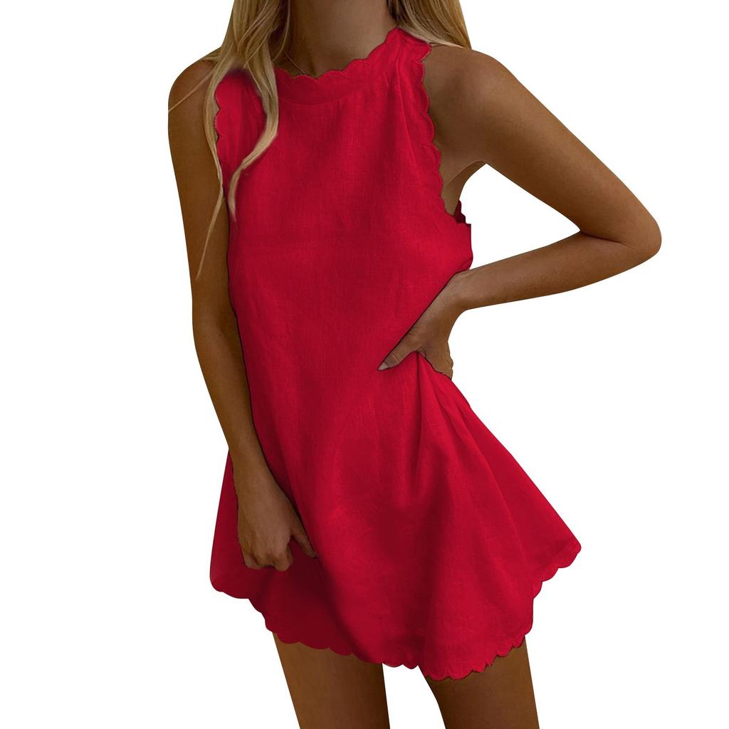 Women's Spring/Summer Solid Scalloped Trim Sleeveless Casual Dress