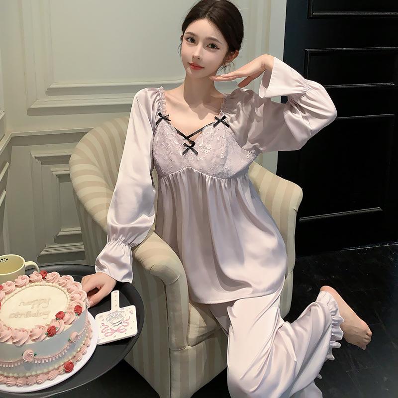 New Summer Ice Silk Pajamas Set Women's Spring and Autumn Senior Sense Simulation Silk Loungewear Long Sleeves Trousers with Chest Pads
