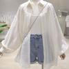 WTEMPO Women Sheer Sun Protection Shirt Lapel Puff Long Sleeve Embroidery Oversized Loose Summer Casual Outerwear Blouse