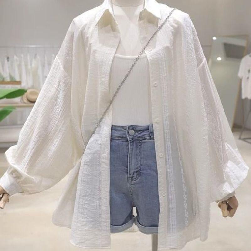 WTEMPO Women Sheer Sun Protection Shirt Lapel Puff Long Sleeve Embroidery Oversized Loose Summer Casual Outerwear Blouse