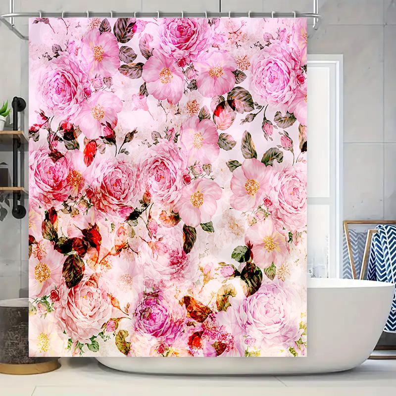 

Luxury Floral Printed Shower Curtain Waterproof Bathroom Decor Home Decoration Pink Rose Pattern W60H190(CM)-1 Pcs