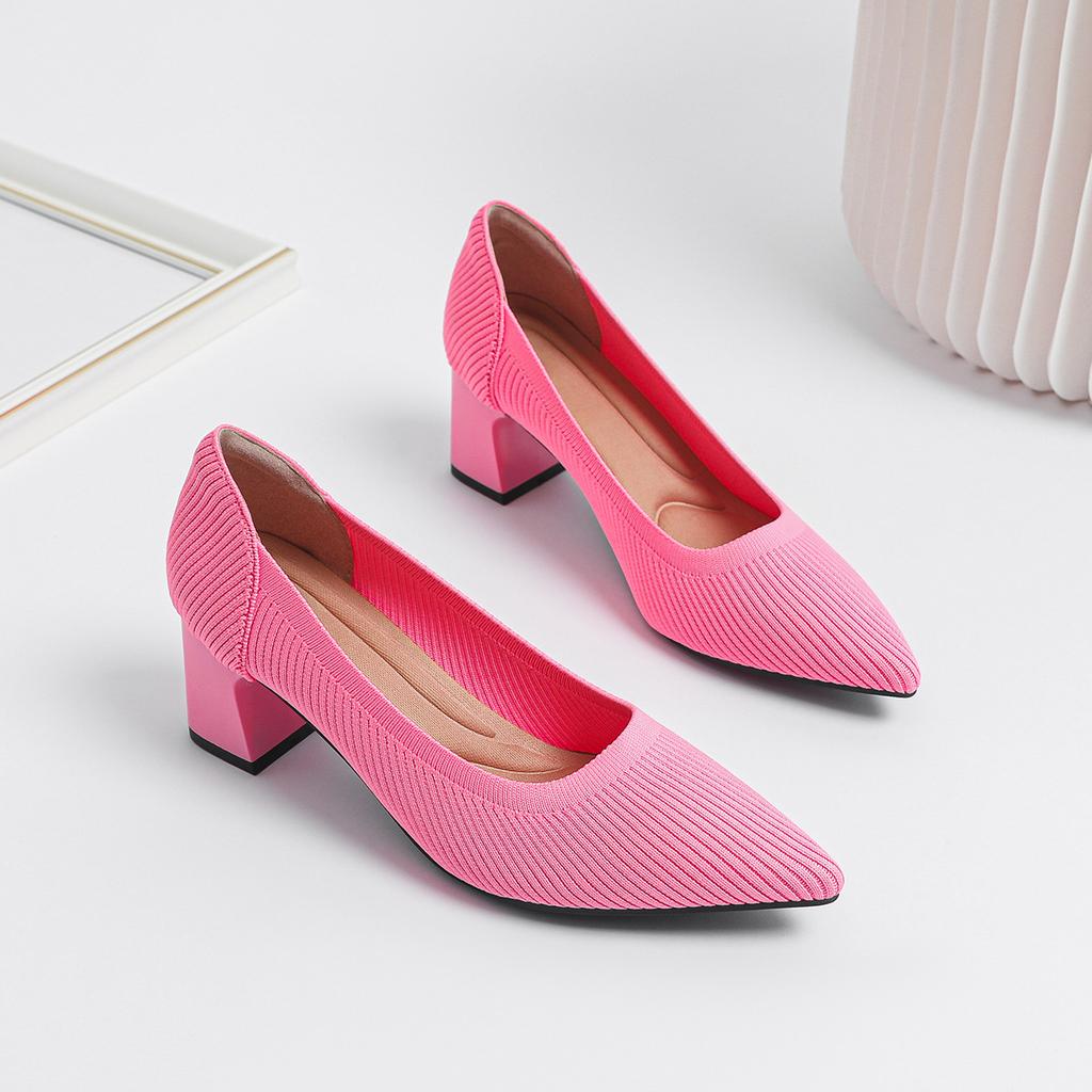 2026Women's large high-heeled shoes Multicolor pointy knit breathable comfortable anti-skid rubber sole work shoes  new autumn