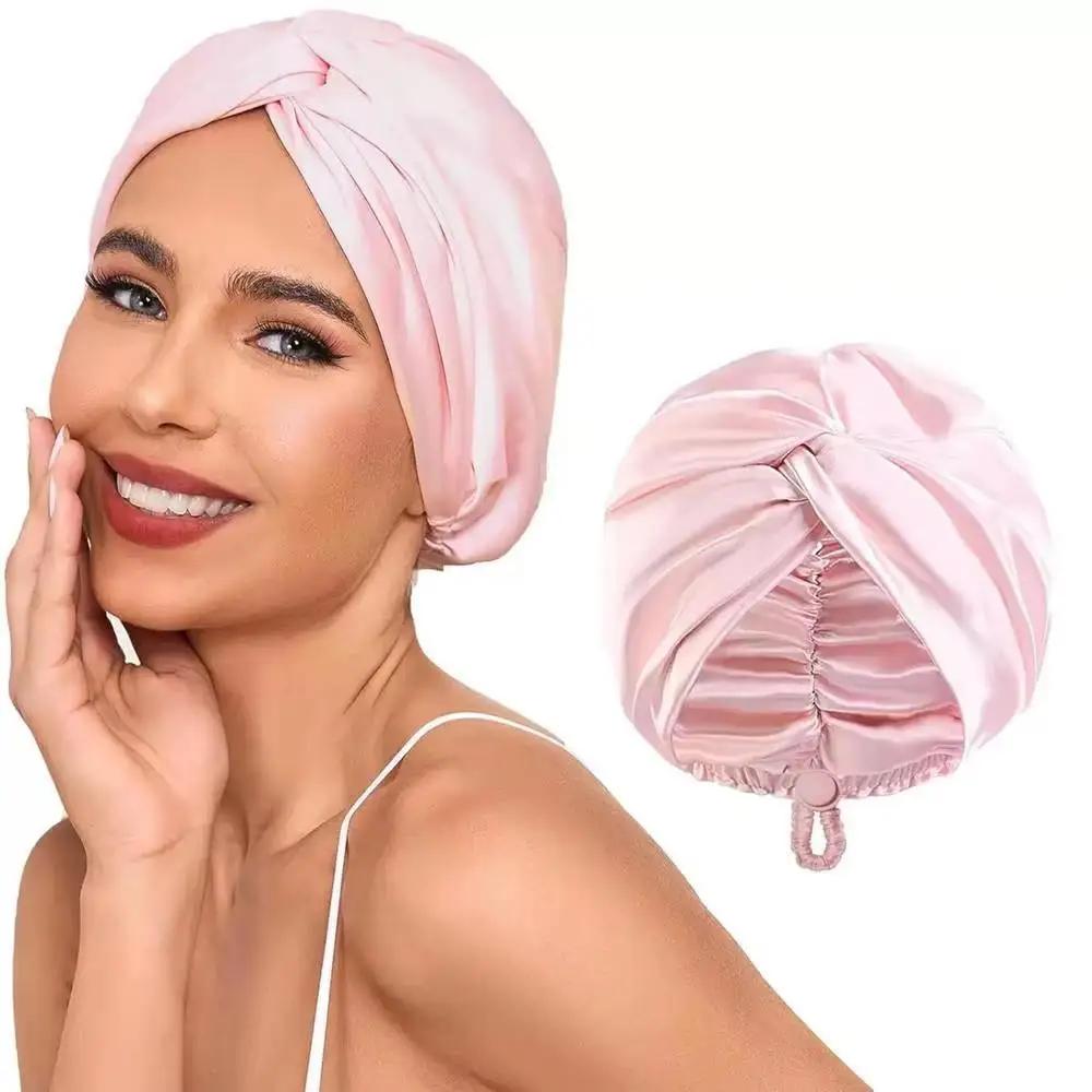 Silk Bonnet For Sleeping Women Satin Hair Bonnet Night Sleep Cap Scarf Wrap For Curly Hair With Tie Band Solid Silk Turban Hat