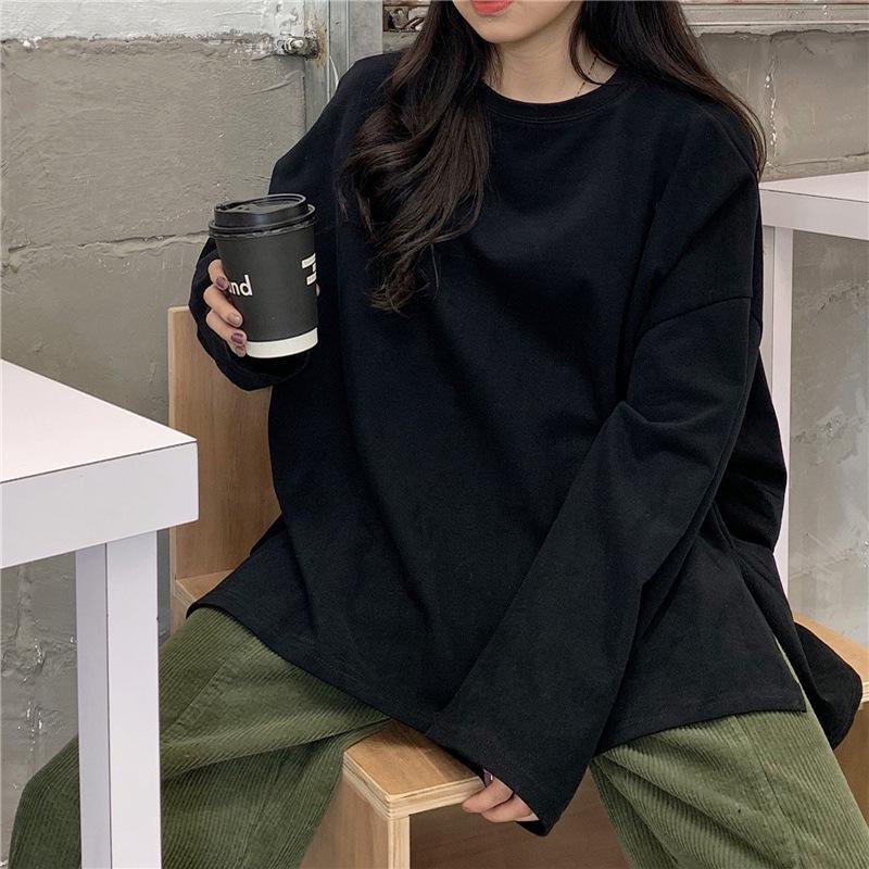 Autumn Slit Solid Color Long-sleeved T-shirt Women's Base Shirt Korean Style Student Loose Tops Women's Clothing
