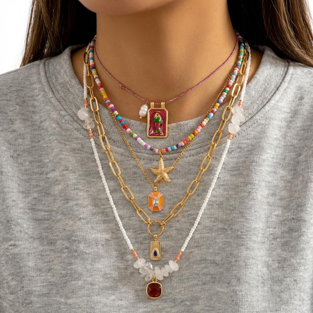 5PCS/Set Fashionable Multi-Layer Starfish Drop Oil Square Fish Pendant Beaded Necklace for Women Colorful Choker Cool And Trendy