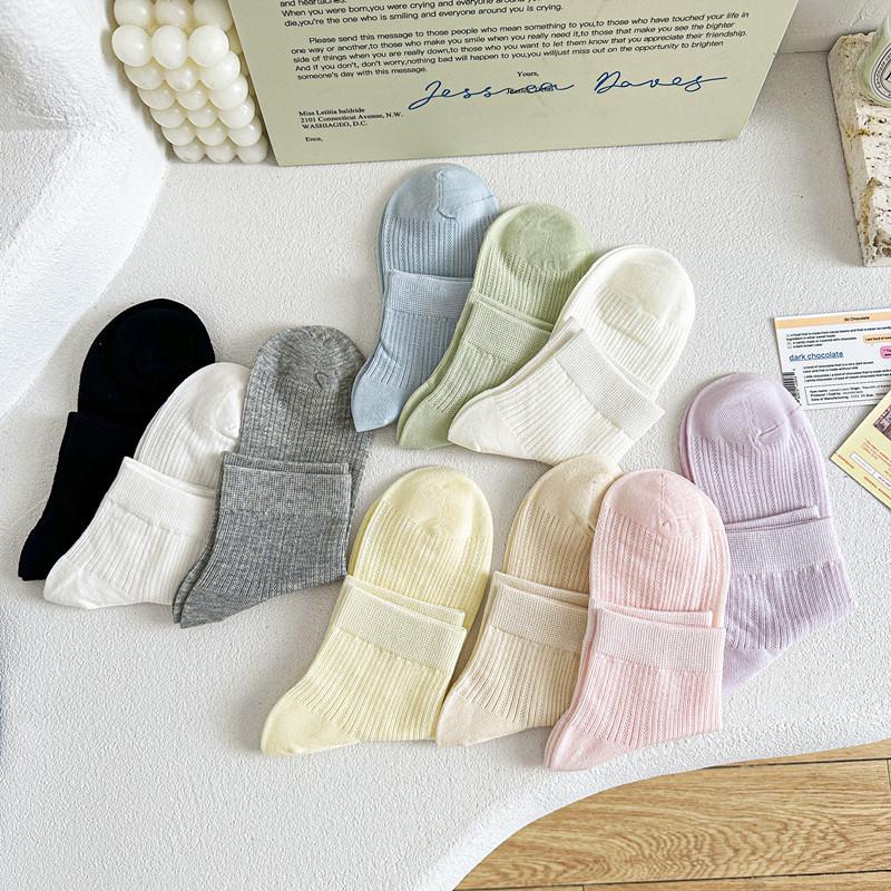 Chaussettes mi-mollet pour femmes en pur coton style Miu de couleur unie - Printemps & Automne, Coupe ample, Mode polyvalente.