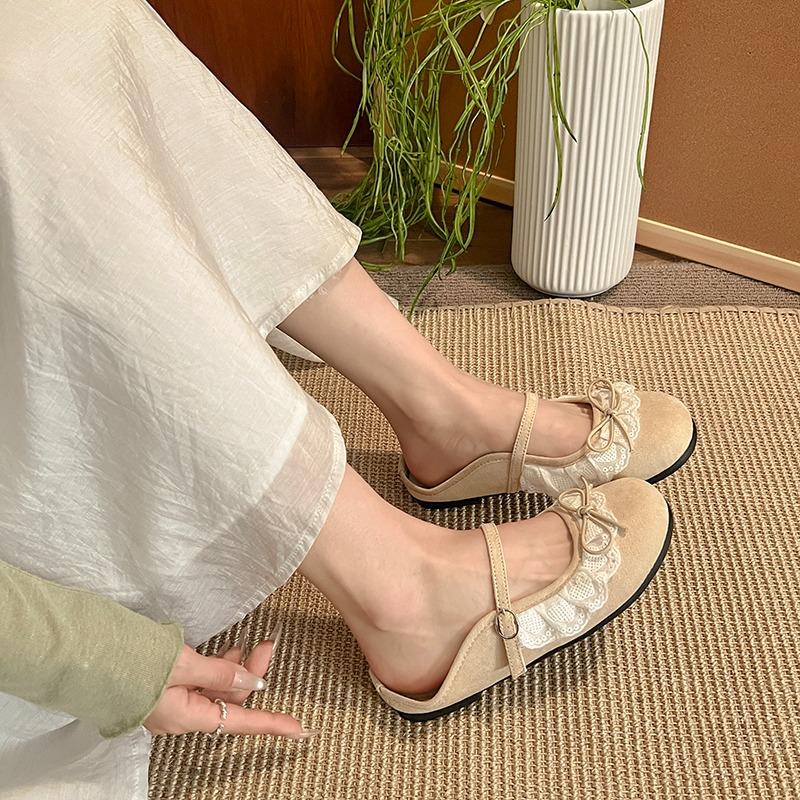 Fashion Lace Lace Bow Flat Semi-drag Spring and Summer New Round Toe Shallow Mouth Soft Sole Anti-slip Wear-resistant Slippers