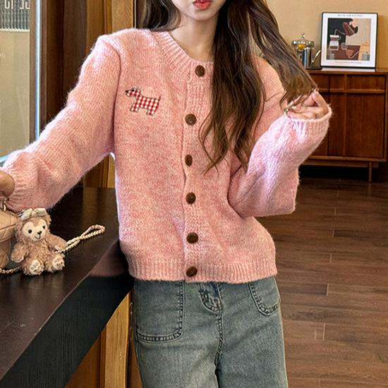 Korean Candy Color Cardigan, Spring/Autumn, Round Neck, Long Sleeve, Sweet & Gentle Style Knitwear