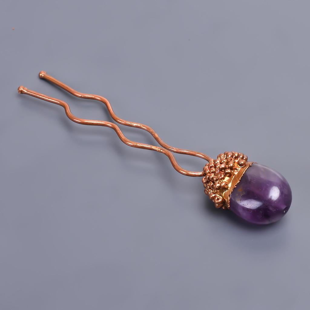 Natural Purple Amethyst Handmade Copper Bun Stick 3.7 Inch / Electroplated Copper Gold Filled Hair Pin Black Friday Gift For Mother Wife
