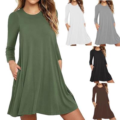 Ladies Fashion Casual Long Sleeve  Color Loose T-shirt Dress with Pockets