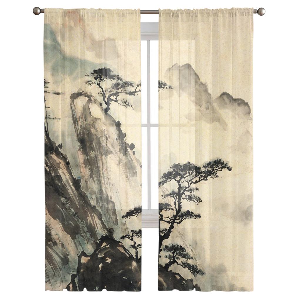 Landscape Ink Painting Chinese Style Sheer Tulle Window Curtains For Living Room Bedroom Kitchen Veiling Curtain Home Decoration