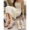 High-heeled slippers for women's summer wear new transparent rhinestone one-word slippers crystal thick-heeled cool slippers