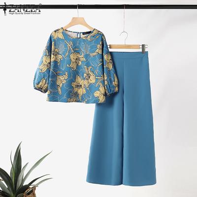 Women Print Blouse and Wide Leg Pants Casual Two Piece Sets