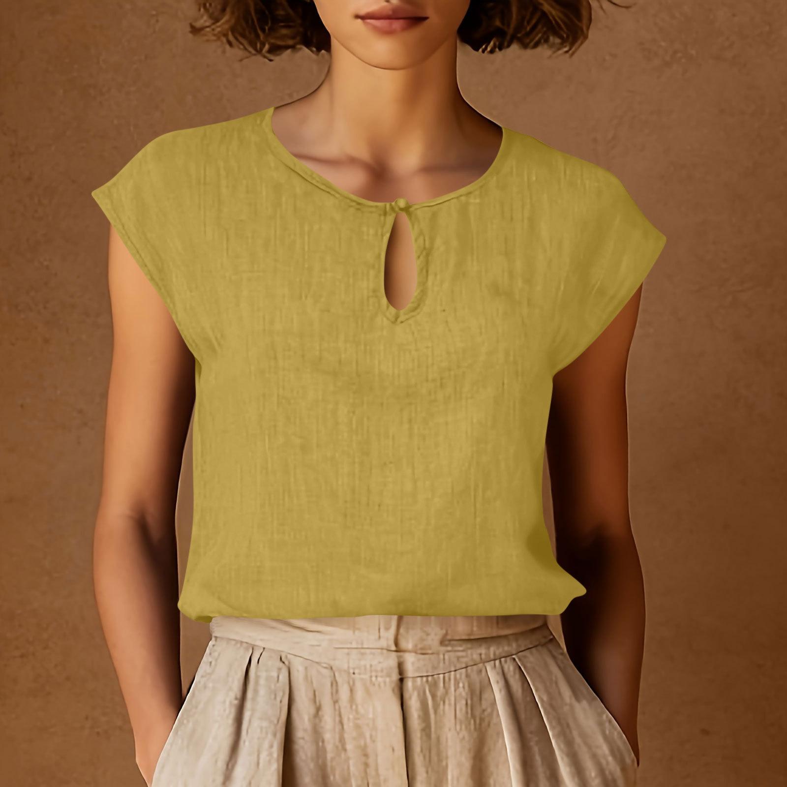 

Women Vintage Lightweight Crew Neck Sleeve Pullover Blouse Top with Keyhole Front Loose Fit Design for Daily Wear M жовтий