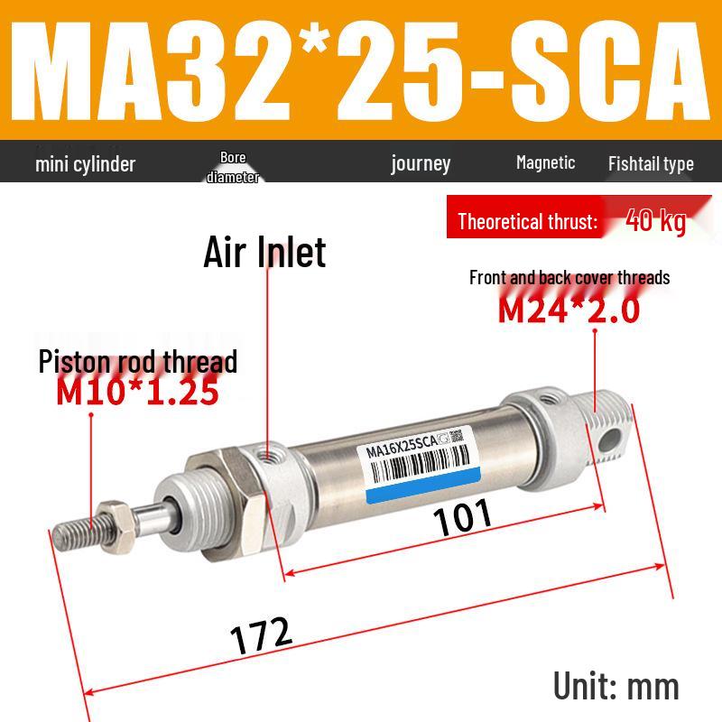 Mini Stainless Steel Pneumatic Cylinder MA Series (16-40mm Bore, 50-200mm Stroke)
